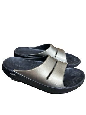 OOFOS OOahh Slide Sandal Size 9 Comfort Foam Arch Support Black Tan